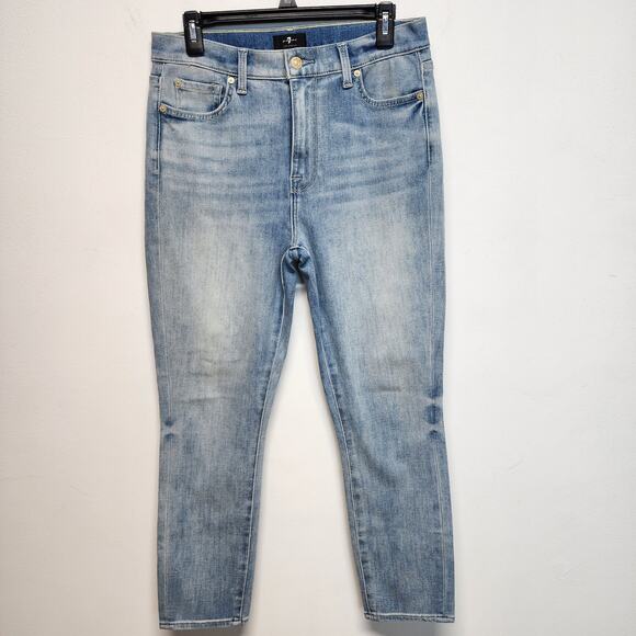 7 For All Mankind High Waist Cropped Skinny Jeans Size 30 Distressed Light Wash - Picture 1 of 16